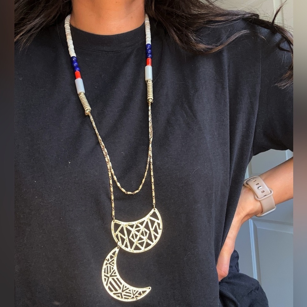 Gold Beaded Crescent Moon Necklace Long Celestial Moons Beaded